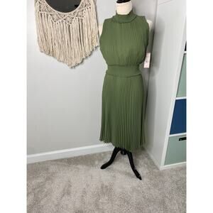 Nanette Lepore High Neck Mini Pleat Fit and Flare Dress Green Olive Martini